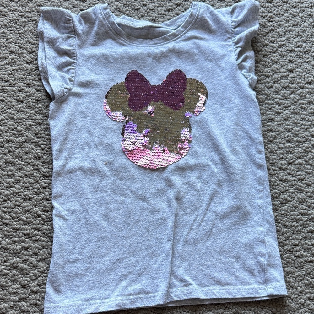 Disney Light Gray Short Sleeve Tee with Pink and Gold Reversible Sequin Minnie